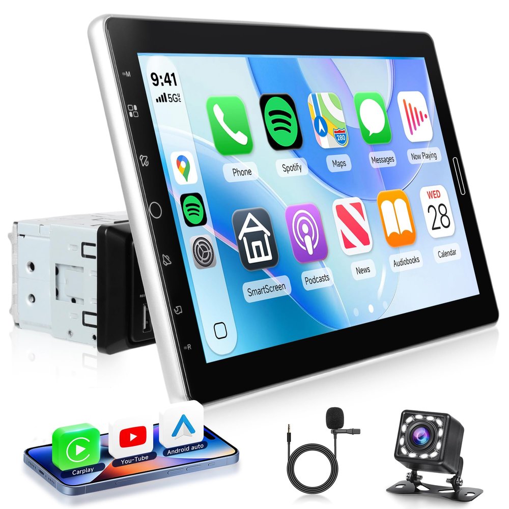 10.1 inch Single Din Car Stereo CarPlay Android Auto Mirror Link, KYNNT Detachable Touch Screen Car Radio with BT FM/EQ/USB/AUX/TF/SWC/MIC Car Audio Receiver Backup Camera