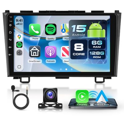 8 Core 6G+128G Android Car Radio for Honda CRV 2007-2011, 9" IPS Touchscreen with Wireless Carplay & Android Auto & Mirror Link, Backup Camera, Bluetooth, FM/RDS/GPS/DSP/USB/WiFi
