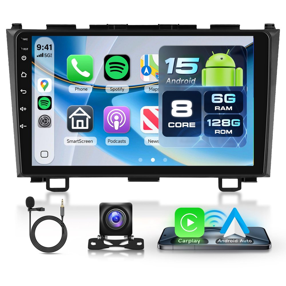 8 Core 6G+128G Android Car Radio for Honda CRV 2007-2011, 9" IPS Touchscreen with Wireless Carplay & Android Auto & Mirror Link, Backup Camera, Bluetooth, FM/RDS/GPS/DSP/USB/WiFi