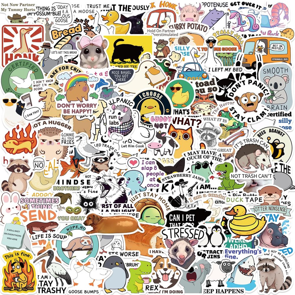 100PCS Funny Stickers for Adults, Funny Animal Stickers Pack for Water Bottles, Cute Meme Sticker for Laptop, Bumper, Phone Decals