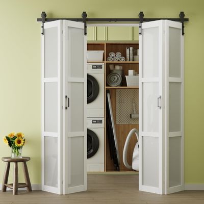 64" x 84" CRUTOP Preassembled Panels & Paintable Bifold Barn Doors, Fingerprint-Resistant 3 Lite Tempered Frosted Glass Bi Fold Barn Door, Solid Core Folding Barn Door for Closet