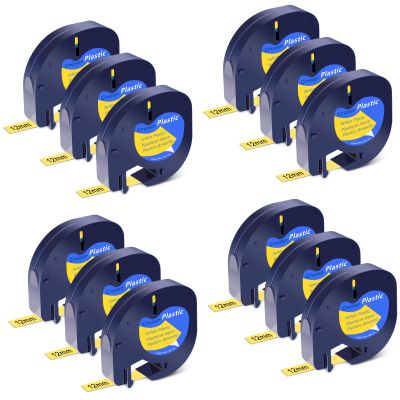 Cruxer 12 Pack Replacement for 91332 Letra Tag Refills Tape 12mm x 4m (1/2" x 13') Black Text on Yellow Plastic Label Tape Compatible with 200B LT100H LT100T QX50 Label Maker for Home Office School