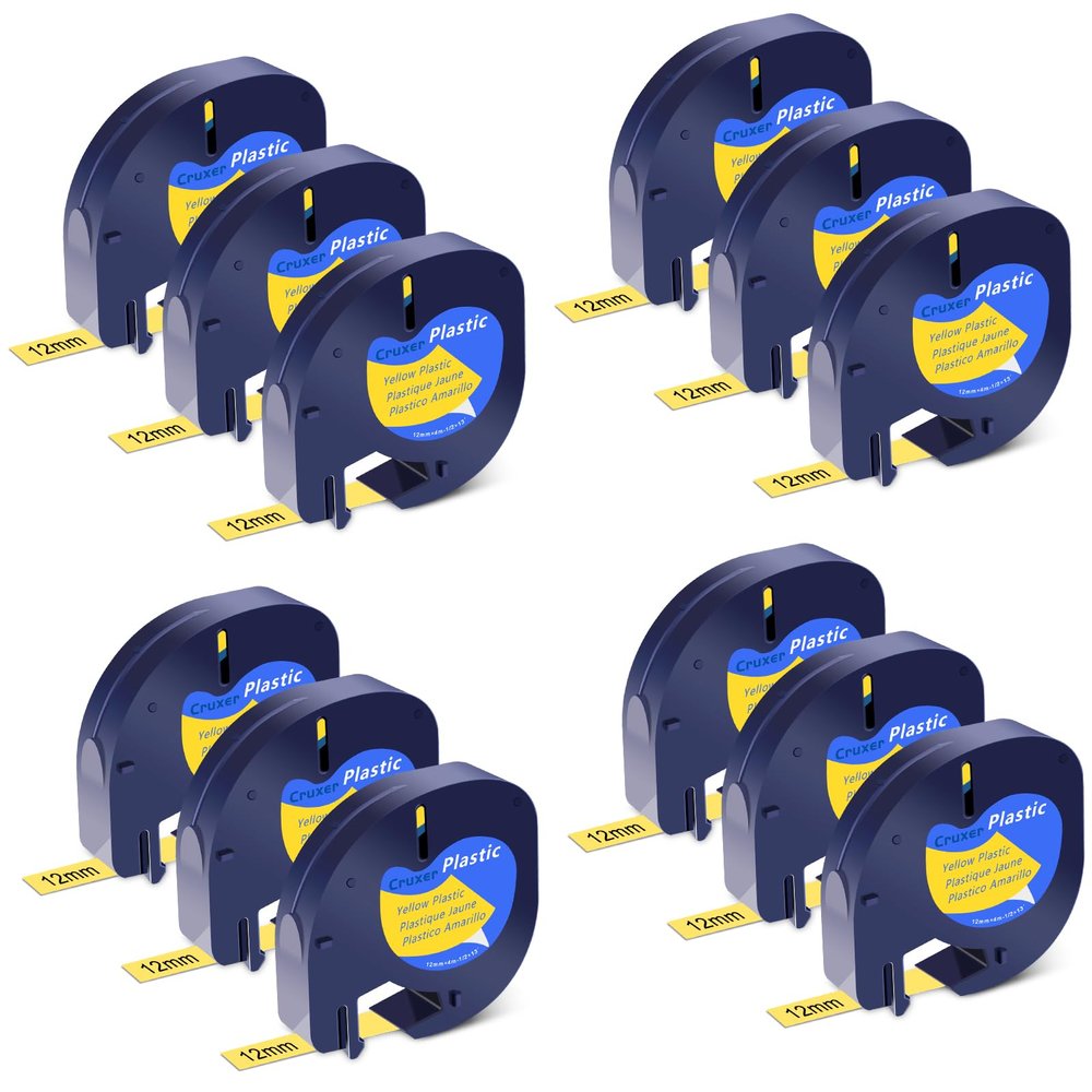 Cruxer 12 Pack Replacement for 91332 Letra Tag Refills Tape 12mm x 4m (1/2" x 13') Black Text on Yellow Plastic Label Tape Compatible with 200B LT100H LT100T QX50 Label Maker for Home Office School
