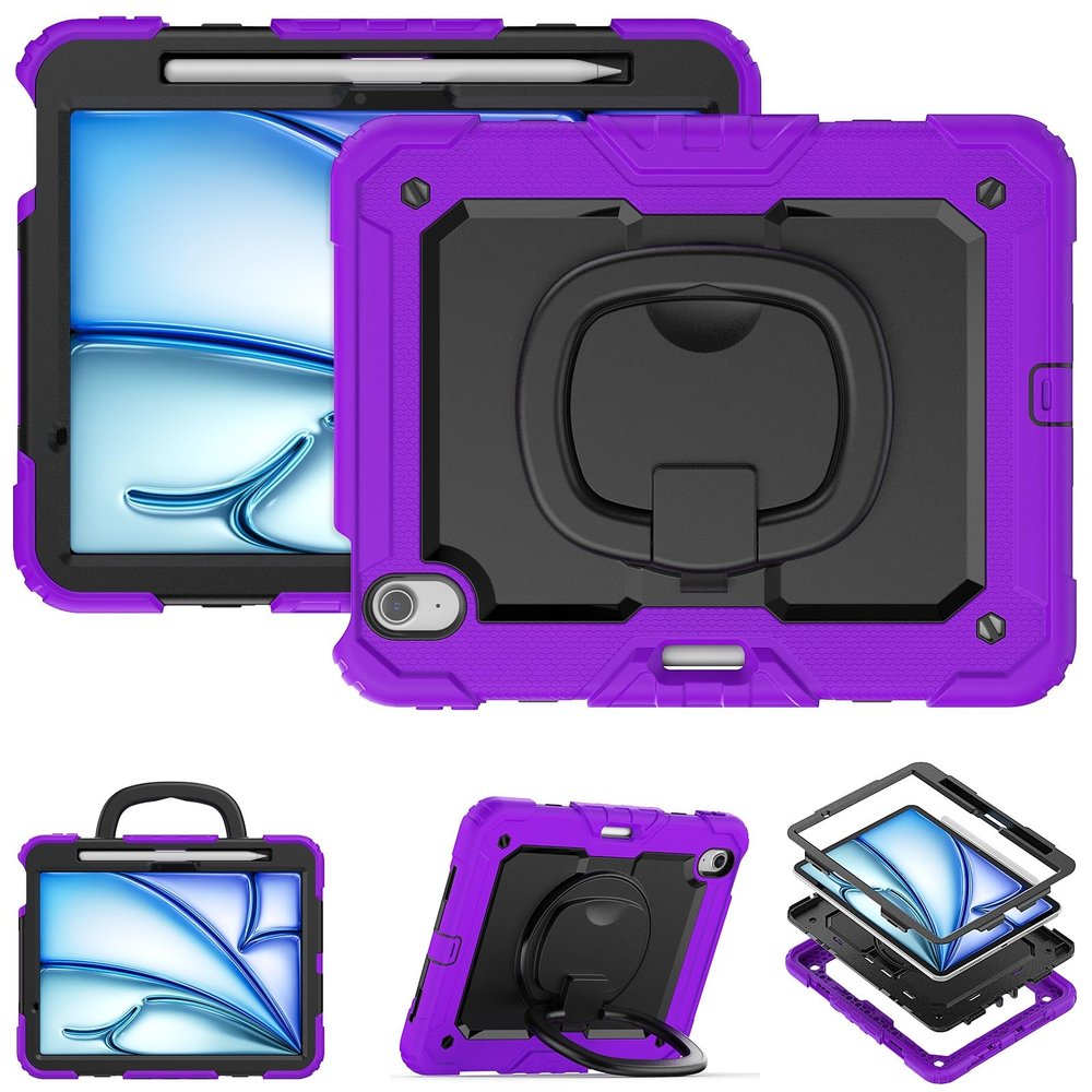 Anti-yellowing tablet cover Compatible with iPad Air 11 Inch (M3) 2025 Case with Pencil Holder+Screen Protector, Full Body Protective Rugged Cover Rotating Handle Silicone Case Stylus pen holder table