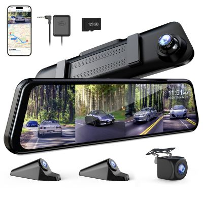 360 Degree View 4 Channel Mirror Dash Cam Detached Camera for CarsDash Cam Front and Rear Side(Left,Right),12'' Rear View Mirror Camera1080Px4,WiFi,Night Vision,GPS,Parking Monitor,Free 128GB Card