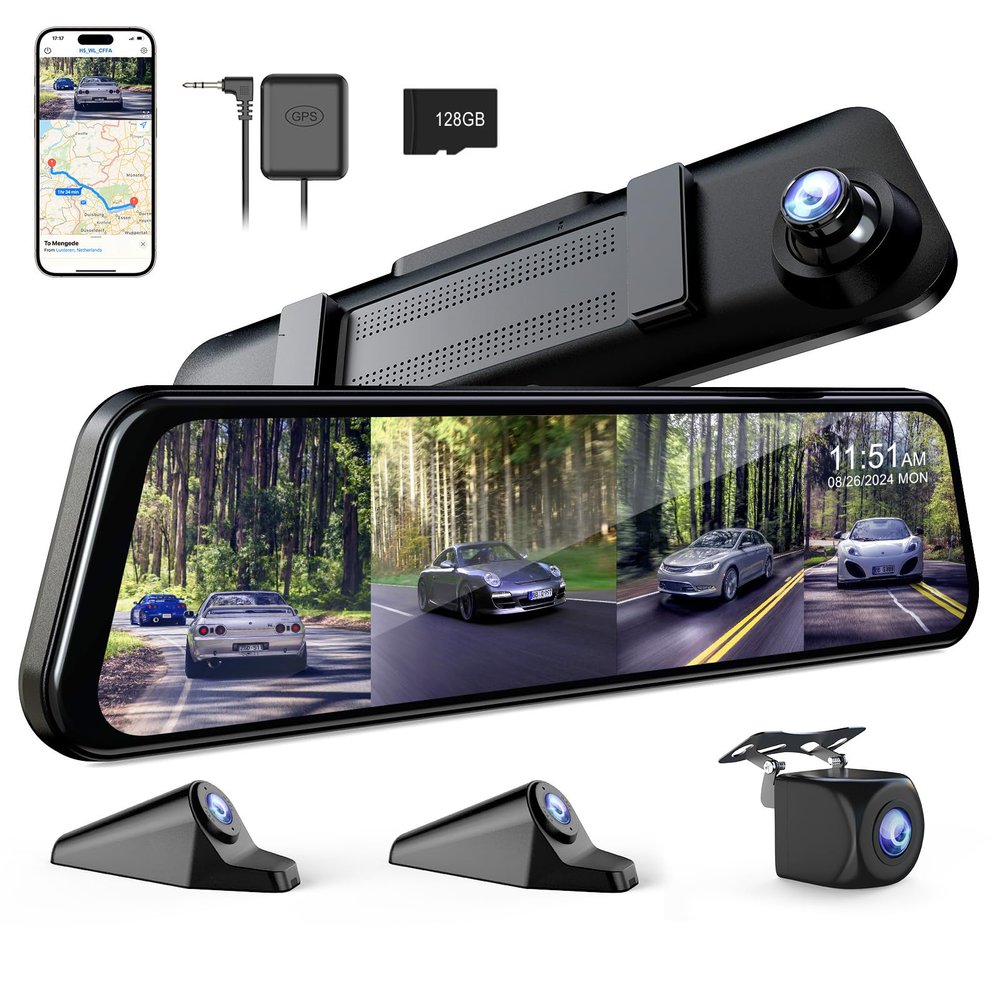 360 Degree View 4 Channel Mirror Dash Cam Detached Camera for CarsDash Cam Front and Rear Side(Left,Right),12'' Rear View Mirror Camera1080Px4,WiFi,Night Vision,GPS,Parking Monitor,Free 128GB Card
