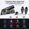 360 Degree View 4 Channel Mirror Dash Cam Detached Camera for CarsDash Cam Front and Rear Side(Left,Right),12'' Rear View Mirror Camera1080Px4,WiFi,Night Vision,GPS,Parking Monitor,Free 128GB Card view 2