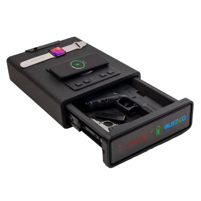 WJIECO Biometric Smart Gun Safe with Phone Charging for Handgun - Biometric Gun Safe 3 Ways Quick Access with Fingerprint/Keypad/Key Lock for Bedside Nightstand or Car with LCD