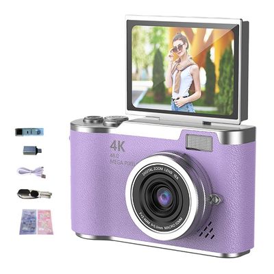 4K Foldable Screen Student Camera, 2025 Upgrade Portable FHD 4K 48MP Point and Shoot Digital Camera, 4K Digital Camera with 18X Zoom Anti-Shake with Flip Screen (Purple Kit)