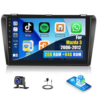 SIXTOP 2+64G Android Car Stereo for Mazda 3 2006-2012 Upgrade Radio with Apple Carplay Android Auto 9 inch Touch Screen Bluetooth GPS Navigation Mirror Link FM RDS WiFi SWC EQ AHD Camera & MIC
