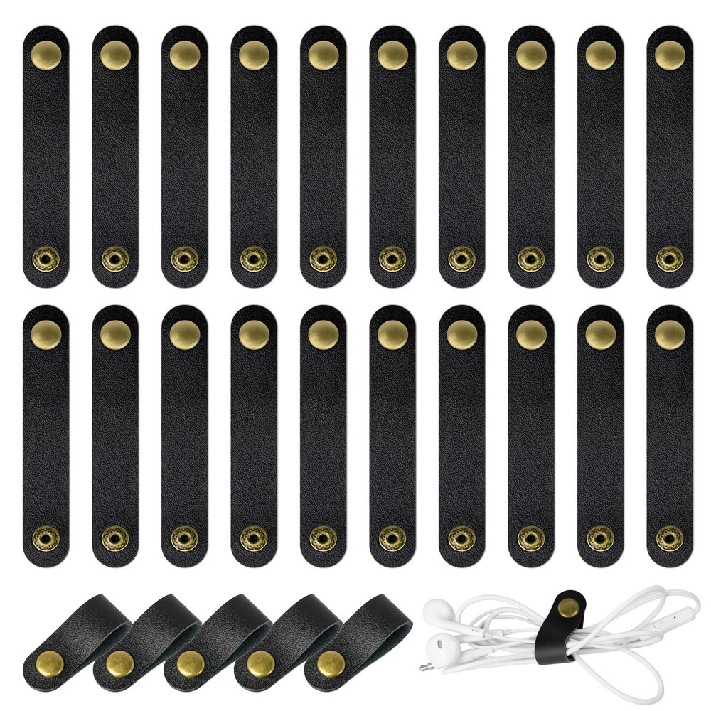 20 Pcs Leather Cord Organizer - Black Leather Cord Ties for Charging Cords, Reusable Charging Cable Organizers