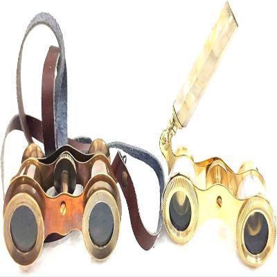 RK NAUTICAL INSTRUMENT Vintage Style Brass Opera Glasses, 4 inch, Brown Leather Strap, 2-Piece Set, Antique Gold Polish