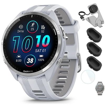 Garmin 010-02809-01 Forerunner 965 Running Smartwatch Whitestone and Powder Gray Bundle with Deco Essentials Charging Dock, Silicone Dust Cover 3 Pack and 1.4 Inch Screen Protector
