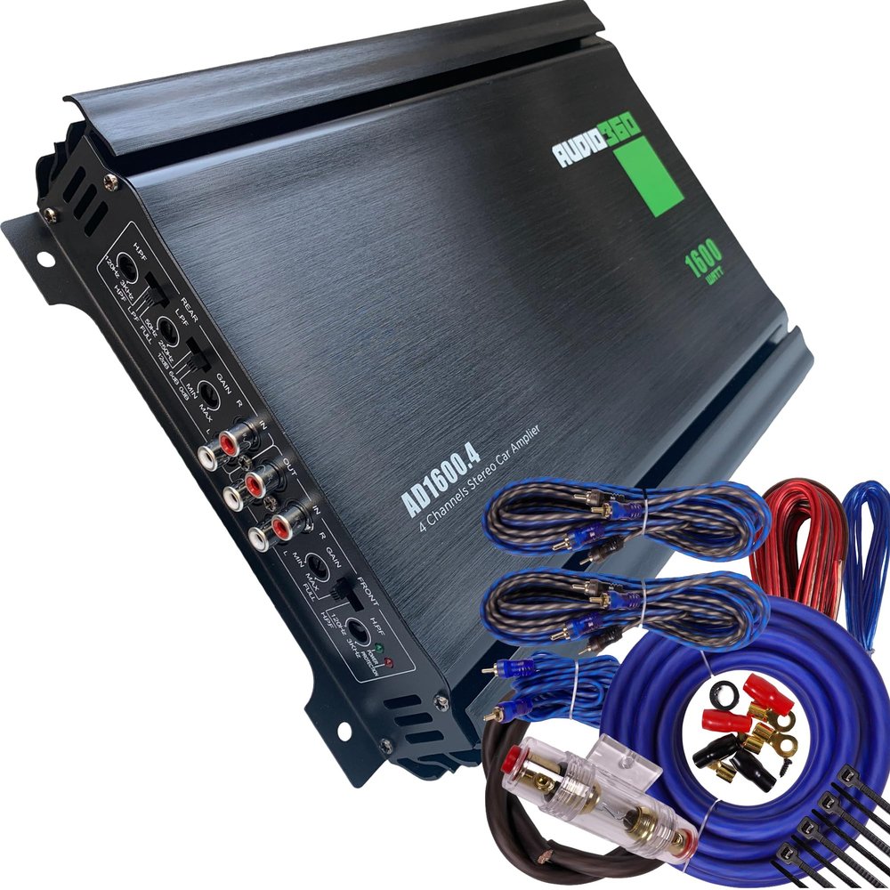 Audio360 AD1600.4 4-Channel Car Amplifier Bundle, 1600W Max Power, Includes 4-Gauge Amp Wiring Kit, Compact Class AB Bridgeable Amp with Dual 25A Fuses, 90dB SNR
