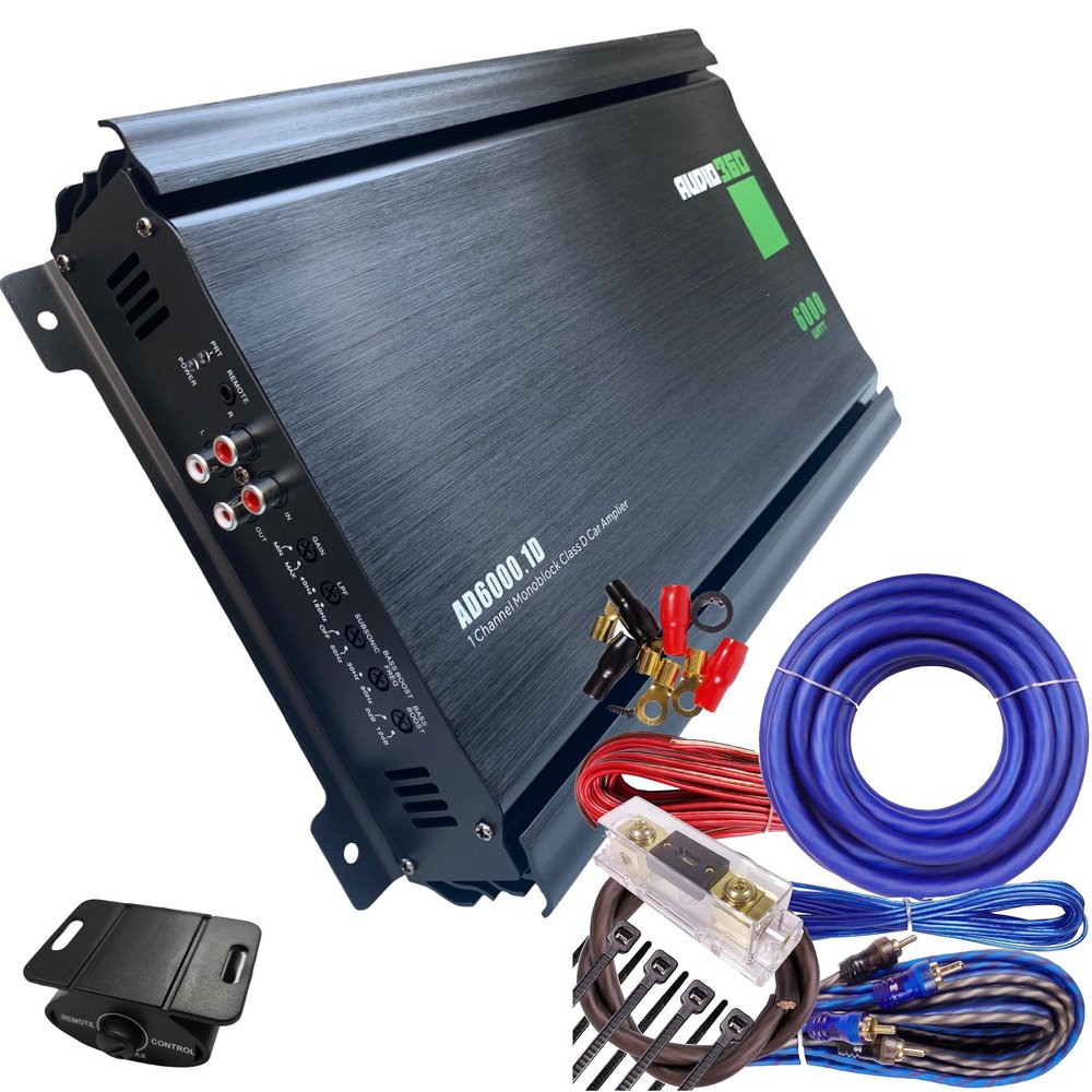 Audio360 AD6000.1 Monoblock Car Amplifier Bundle, 6000W Max Power, Includes 0-Gauge ANL Fuse Amp Wiring Kit, Compact Class D 1-Ohm Stable Subwoofer Amplifier with 91dB SNR