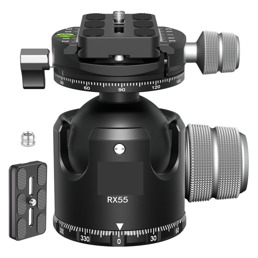 QXCIVR 55mm Tripod Head Camera Double Panoramic Tripod Ball Head Quick Release Plate 1/4'' 3/8'' Screw for Tripod Ballhead(Dual Panorama Head)