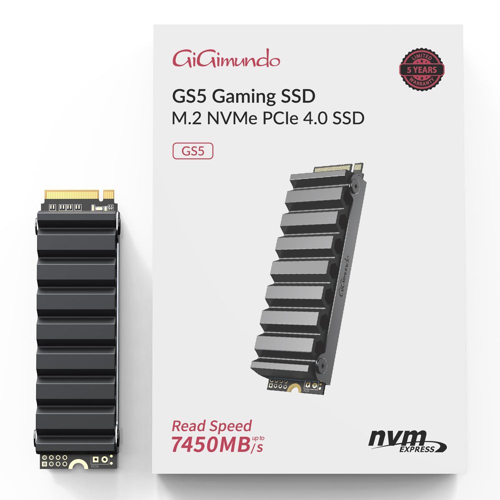 GiGimundo GS5 1TB TLC PCIe Gen4x4 NVMe SSD for PS5 - Blast Through Load Times with 5000MB/s Speed with Heatsink, Up to 7450MB/s for Desktop PC