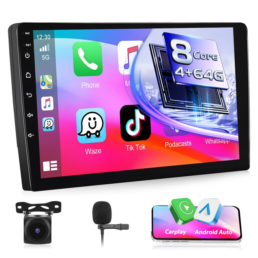 10 Inch Motorsi 8 Core 4+64G Double Din Android Car Stereo Audio IPS Touchscreen with Wireless Carplay Android Auto 3D Car Model Display Bluetooth WiFi GPS DSP FM Radio SWC + Backup Camera MIC
