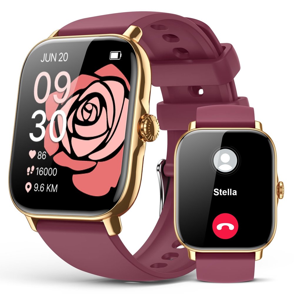 Kriutefy Smart Watch for Women Men, Bluetooth Call, Fitness Step Tracker Watch for Android iPhone Compatible, IP68 Waterproof Smartwatch with Sleep Monitor/Activity Tracker/Pedometer (Wine Red, 1.91)