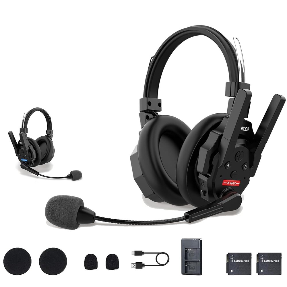 SYNCO XTalk XMax2 Full-Duplex Wireless Intercom System with 2 Double-Ear Headsets (2.4 GHz) Random Master Device Design,1640ft/500m for Team Communication,Movie Shoot,Live Show Stage Performance