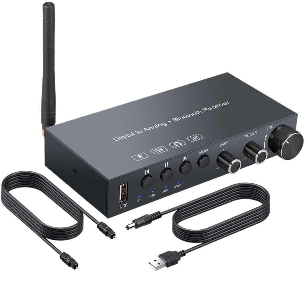 5MNG0Y8 Compatible Digital to Analog DAC Converter Toslink AUX to 3.5mm Jack with USB Volume Treble Bass Control