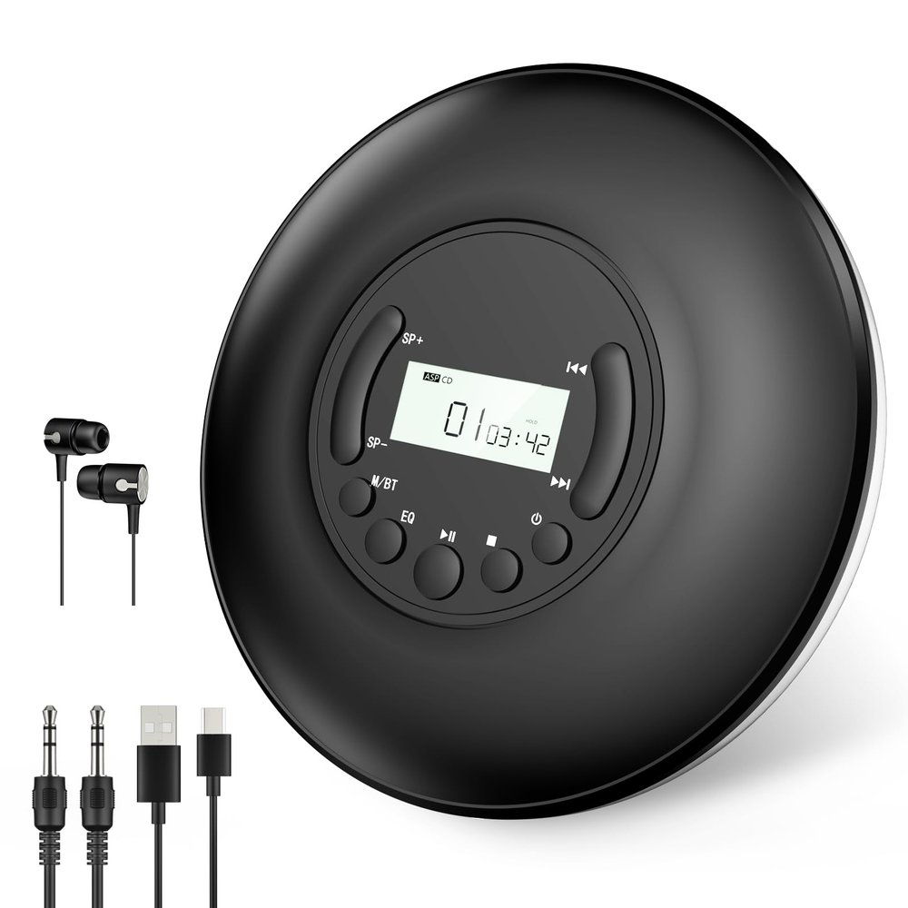 Gueray Portable CD Player Bluetooth: CD Player Portable with Headphones LCD Display Anti-Skip Protection CD Discman with AUX Cable for Car Home