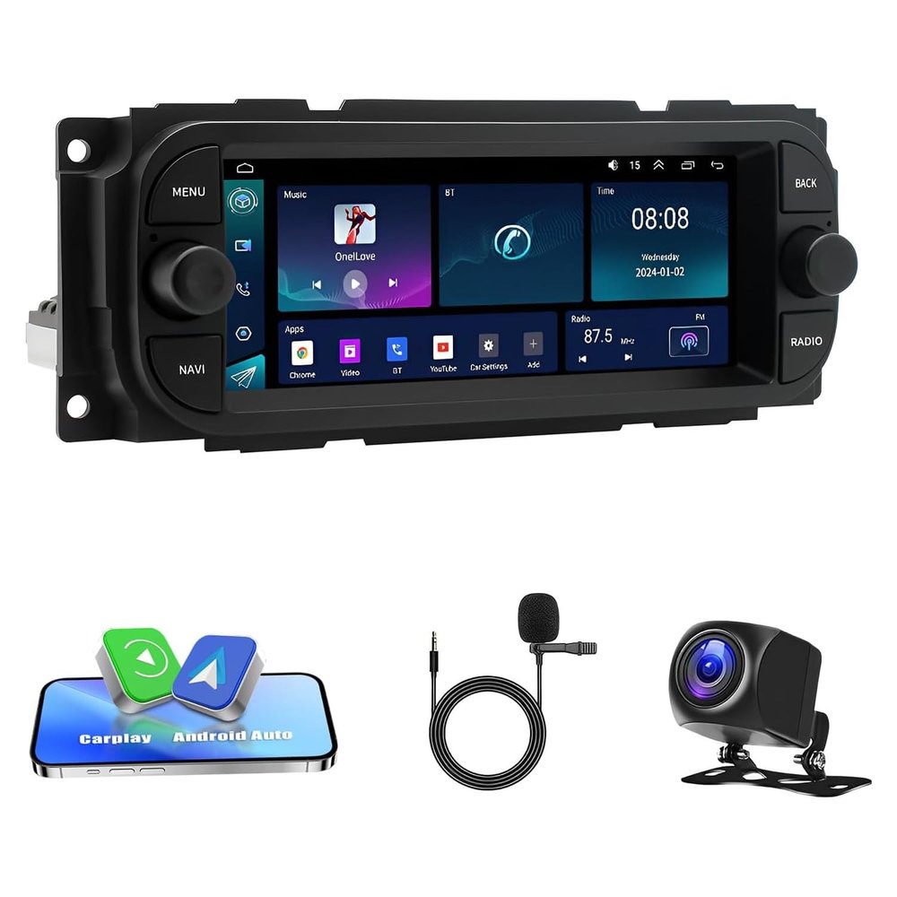 Car Radio for Dodge RAM 2002 2003 2004 2005 2006, for Jeep Wrangler 2003-2006, 1999-2004 with Wireless Carplay Android Auto FM/GPS/Bluetooth/SWC/Backup Camera