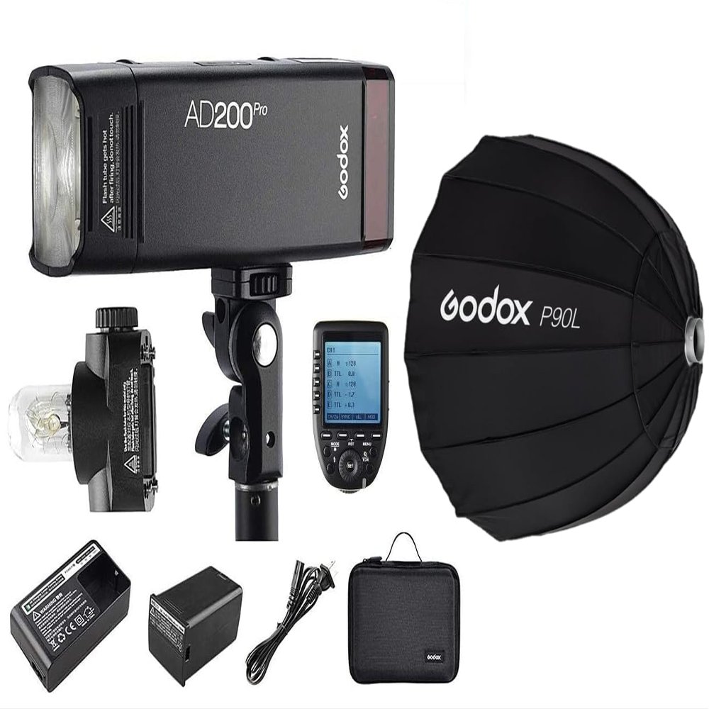 Godox AD200 Pro Godox AD200Pro Strobe Pocket Flash for Canon Camera, 200W TTL 1/8000s HSS and XPro-C Flash Trigger and Godox P90L Softbox, 500 Full Power Flashes, Bare Bulb/Speedlite Fresnel Flash Hea