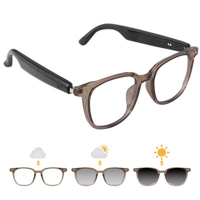 Tulbeys Smart Glasses for Women Men, Bluetooth Glasses with Photochromic Lenses Touch Control Voice Assistant for Clear Audio, Remote Photo, Brown Frame and Black Legs, Perfect for Indoor Outdoor