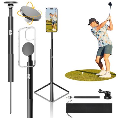 Golf Monopod Stick, Golf Swing Phone Holder, 46" Magnetic Aluminum Alloy Selfie Stick w/Tri-Leg Tripod Base Spike Stake Mount, Compatible w/iPhone Camera Magsafe, Golf Training Aid
