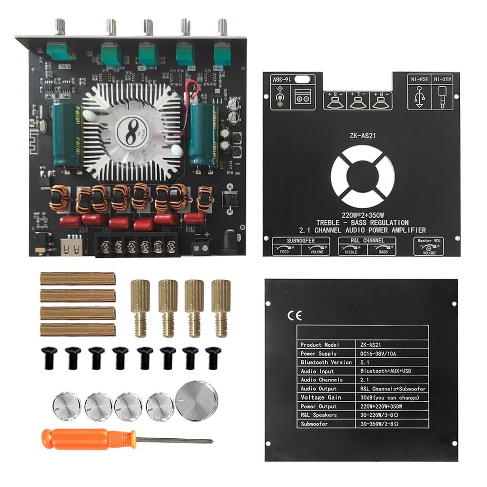 ZKAS21 Compact 2.1Channel TPA3255 BT Digital Power Amplifier Board Module High and Low Tone Subwoofer Power Amplifier Board 220W*2+350W for Home Theater Systems and Audio