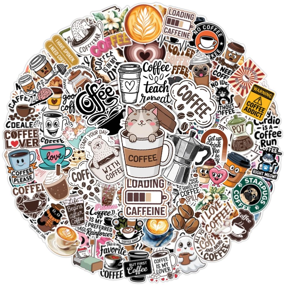 100pcs Coffee Stickers for Adults Teens Waterproof Vinyl Perfect for Phone Cases, Laptops, Luggage, Birthday Parties, Picnic Crafts, and Daily Decoration