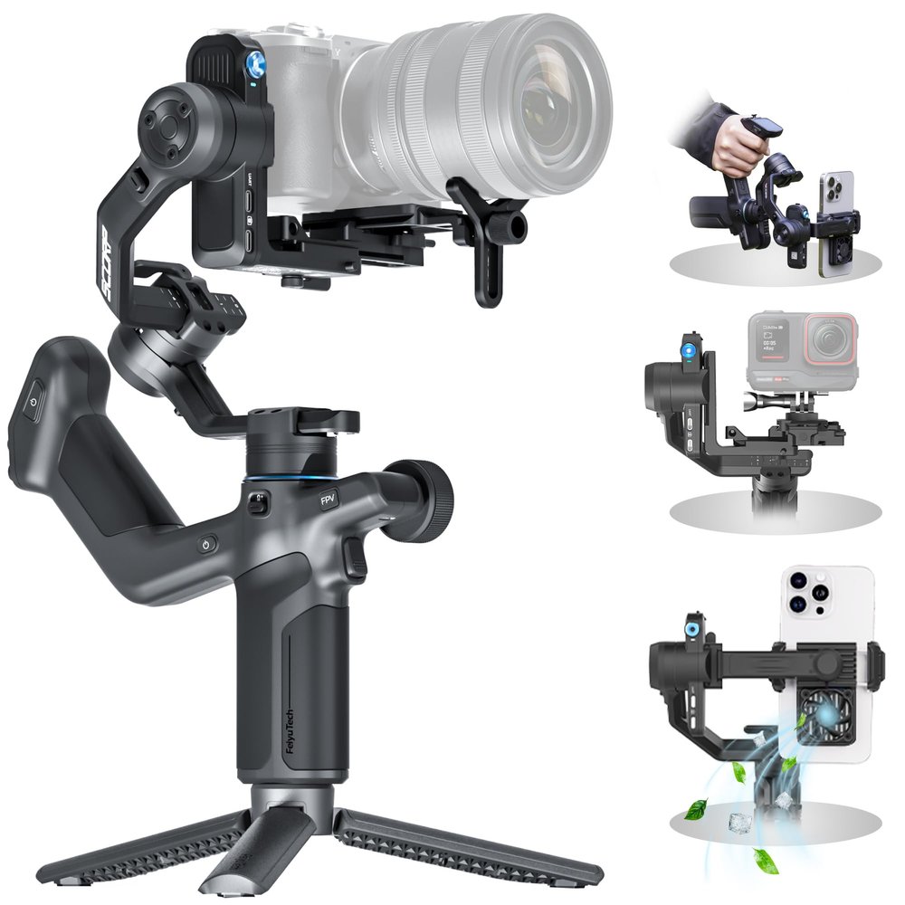 FeiyuTech SCORP Mini 3 Kit All-in-One Gimbal Stabilizer Upgraded AI Tracking 4.0, 3-Axis Gimbal for Canon/Sony Vlogging Cameras, iPhone, Action Cams, 4.4 lb Payload, 1.3" Touchscreen
