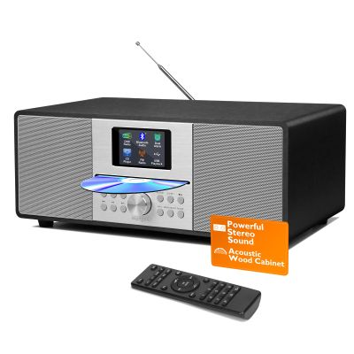 MangoKit MS4+ CD Player I FM Radio I HiFi System I Bluetooth I Powerful Stereo System I Acoustic Wood Cabinet I CD Player with Speakers I 40 Presets,Headphone Jack I Metallic Black Finish