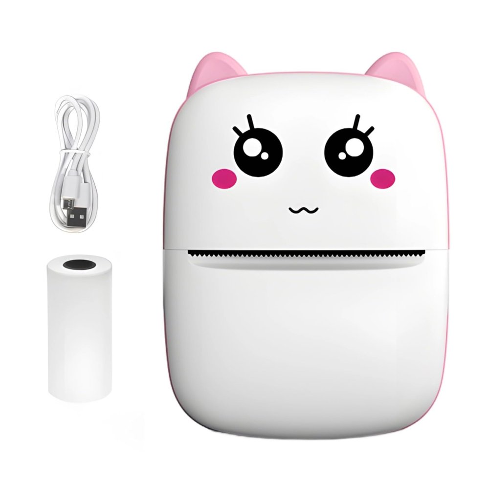 LUMINFLY Ink-Free Portable Printer, Wireless Mistake Printer for Students, Cat Face Design, Includes USB Cable and Thermal Paper Roll,