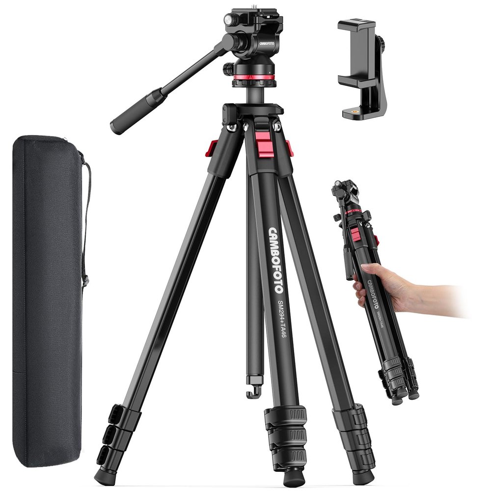 CAMBOFOTO 68" Fluid-Head-Camera-Tripod, Professional Travel Video Tripod for Camera DSLR, Camcorders, Binoculars, Spotting Scope, Telescope, Max Load 8.8lbs, Black