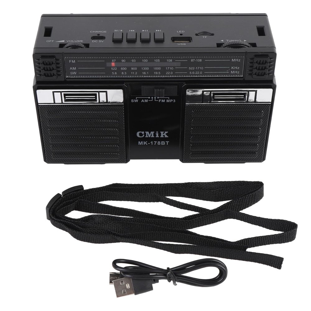 Portable AM FM SW Radio Speaker for Home Outdoor Travel (Black)
