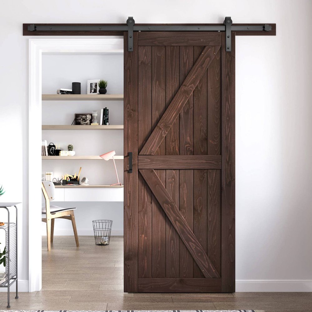 FREDBECK 36 x 80 Brown Wood Barn Door with Hardware Included,K-Frame,Coffee