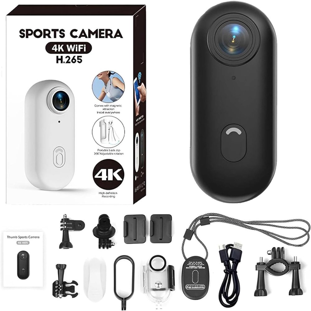 4K Thumb SportsQuick Cam, Thumb Camera Necklace, 1080p/4K Waterproof Wearable Action Camera with 360  Rotating Spring Clip, Ip68 Waterproof (Black)
