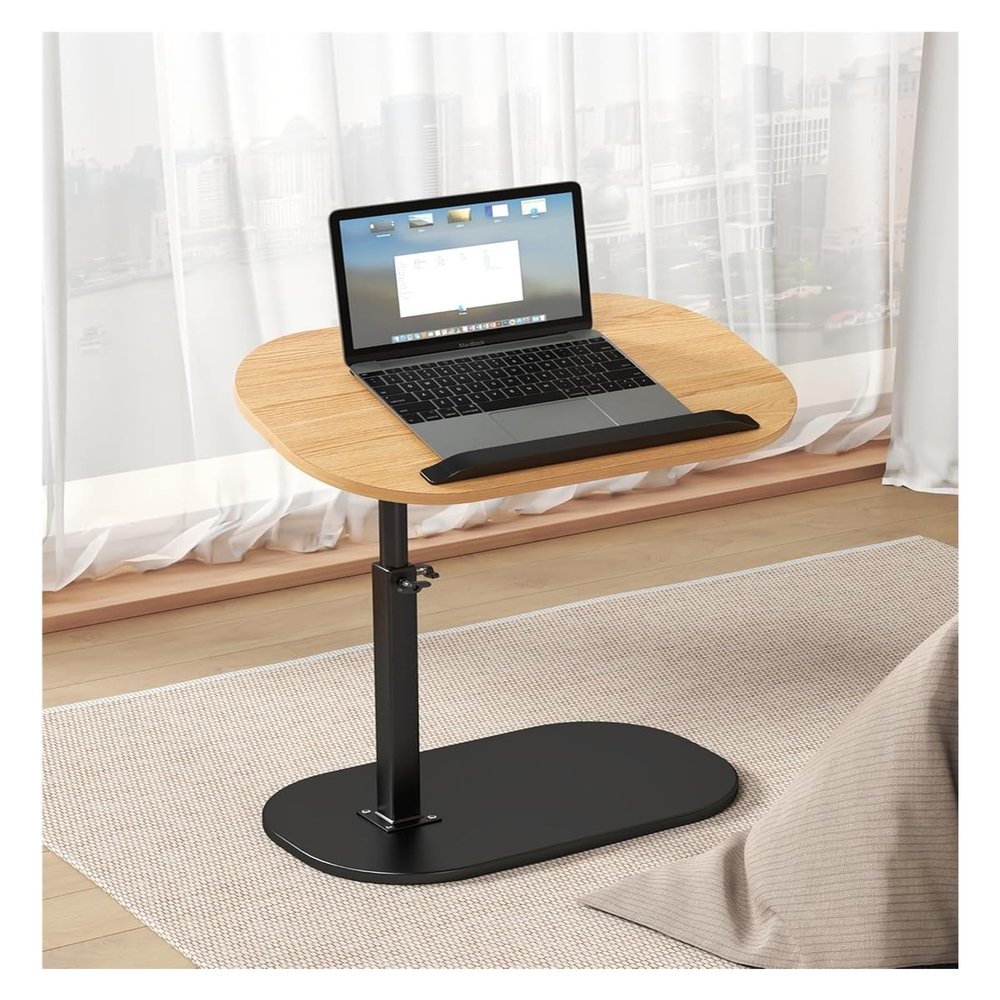 Adjustable Height C Shaped Side Table with Multi Angle Flip Top for Couch and 360Swivel Laptop Stand Bedside Table for Living Room Bed Bathtub Black Wood Finish (Black Wood)