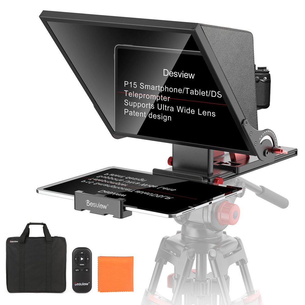 Desview P15 Teleprompter15 inch Aluminum Alloy Liftable Teleprompter, High Display Glass, Compatible with iPad Tablet Phone DSLR Camera, No Assembly, Carry Case Included, Great for Video Making
