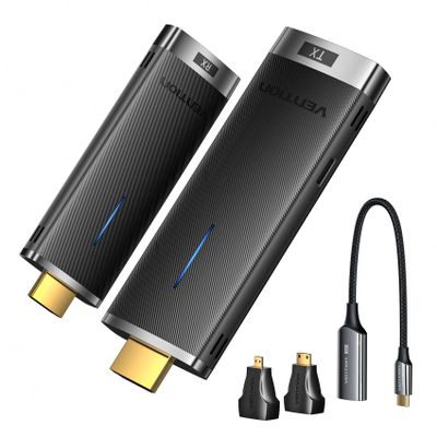 VENTION HDMI Dongle Transmitter and Receiver 2.4/5GHz 4K Decording with HDMI connectors and Type-C Adapter with 3 Adapters, 131FT/40M Extender Connection with Sender with Miracast 1080P,Black