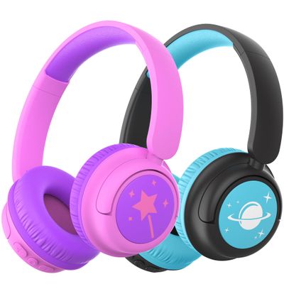 iClever BTH22 Kids Bluetooth Headphones 2 Pack, 60H Play Time, 74/85 dBA Safe Volume, Bluetooth 5.4, USB C, Over Ear Kids Headphones Wireless AUX Cord for iPad/Tablet/Travel/School, Black & Magenta