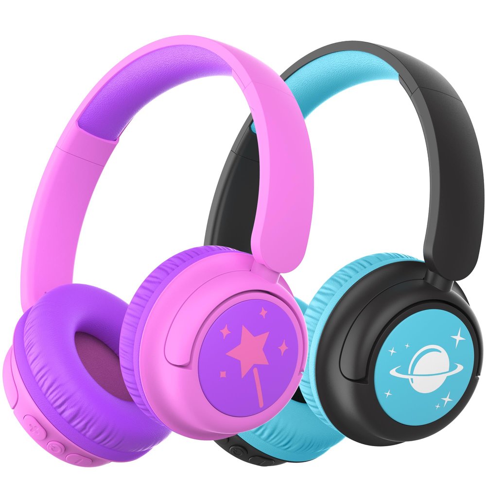 iClever BTH22 Kids Bluetooth Headphones 2 Pack, 60H Play Time, 74/85 dBA Safe Volume, Bluetooth 5.4, USB C, Over Ear Kids Headphones Wireless AUX Cord for iPad/Tablet/Travel/School, Black & Magenta