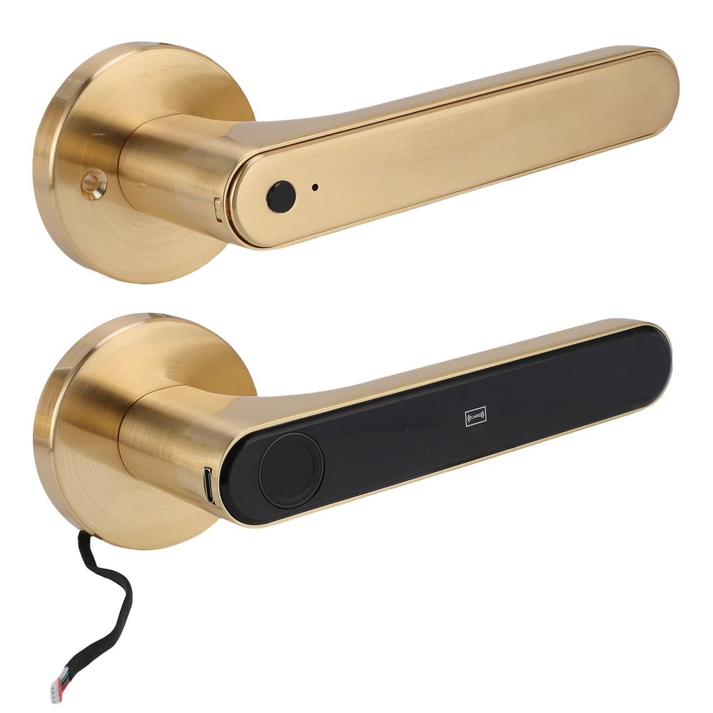 5 in 1 Multi Function Smart Door Entry Lock with Fingerprint Safety Lock, Password IC Card for Tuya App Key Unlocking Gold Handle, Designed for Home, Apartment, Office, Bedroom