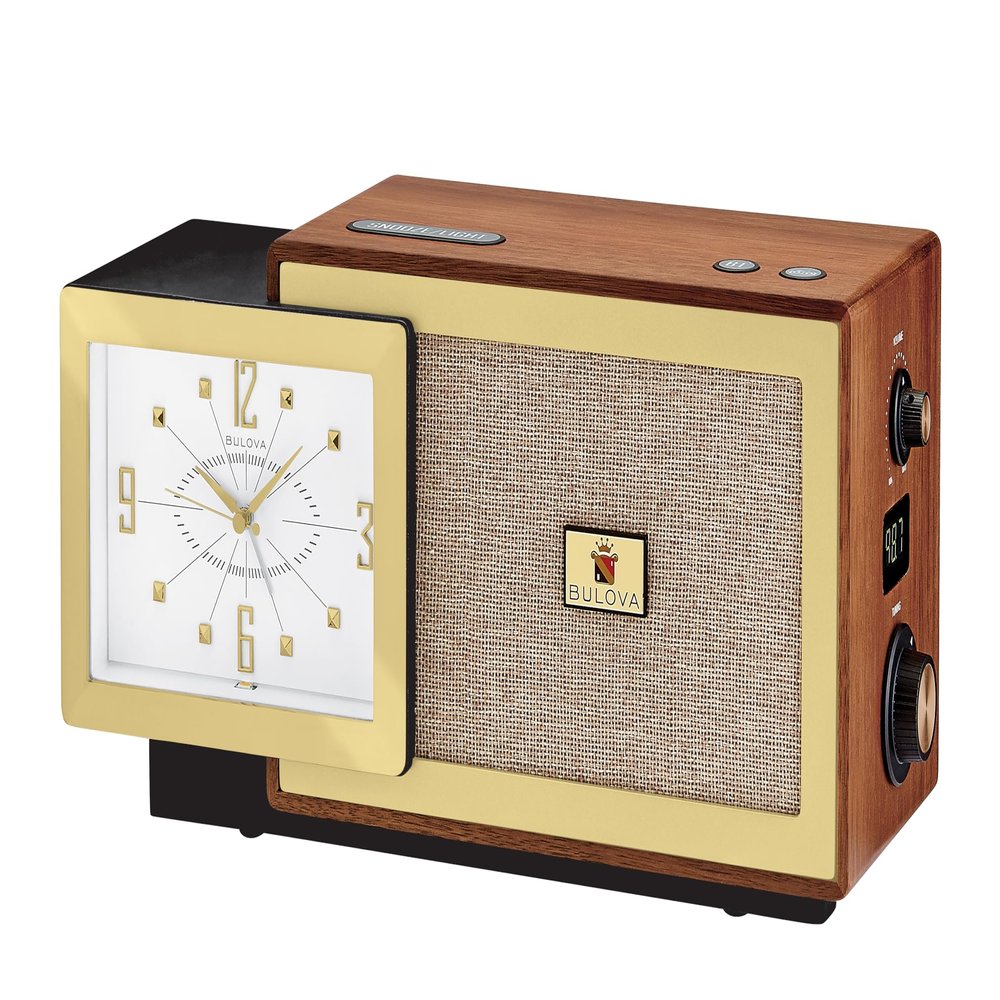 B7800 Precision Tone Modern Clock Radio  Bulova 150th Anniversary Edition, Solid American Walnut Case, Bluetooth Speaker, FM Radio, USB-A & USB-C Charging, Lighted Dial, Alarm with Snooze
