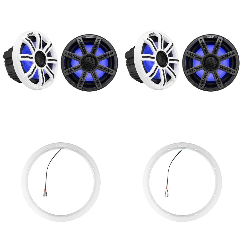 KICKER ( 2 Pair 51MSC8 8" LED Premium Marine Speakers & 47KLSR8 8-Inch LED Spacer Rings Bundle