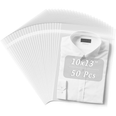 Frametory 10x13 Inches Acid-Free Plastic Sleeves Clear Storage Bags, 50 Pcs Self Sealing Cellophane Bags for Packaging, Clothing & T Shirts