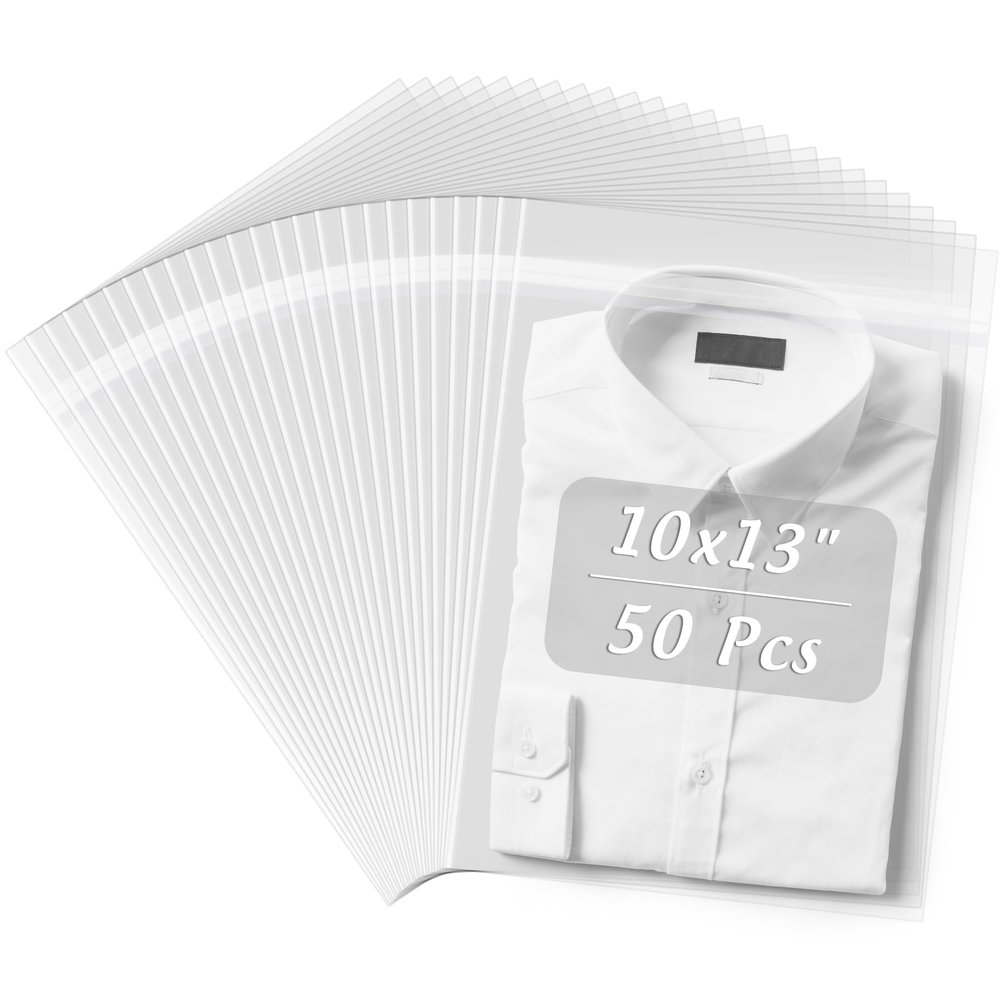Frametory 10x13 Inches Acid-Free Plastic Sleeves Clear Storage Bags, 50 Pcs Self Sealing Cellophane Bags for Packaging, Clothing & T Shirts