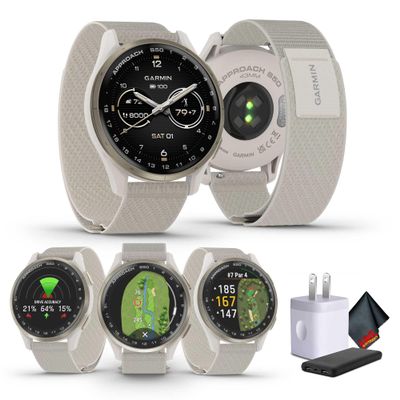 Garmin Approach S50 Advanced GPS Golf Smartwatch, AMOLED Display, On-Course Features, Sports and Fitness Watch, Cream Gold Aluminum Bezel with Ivory Comfort Fit Nylon Band Bundle